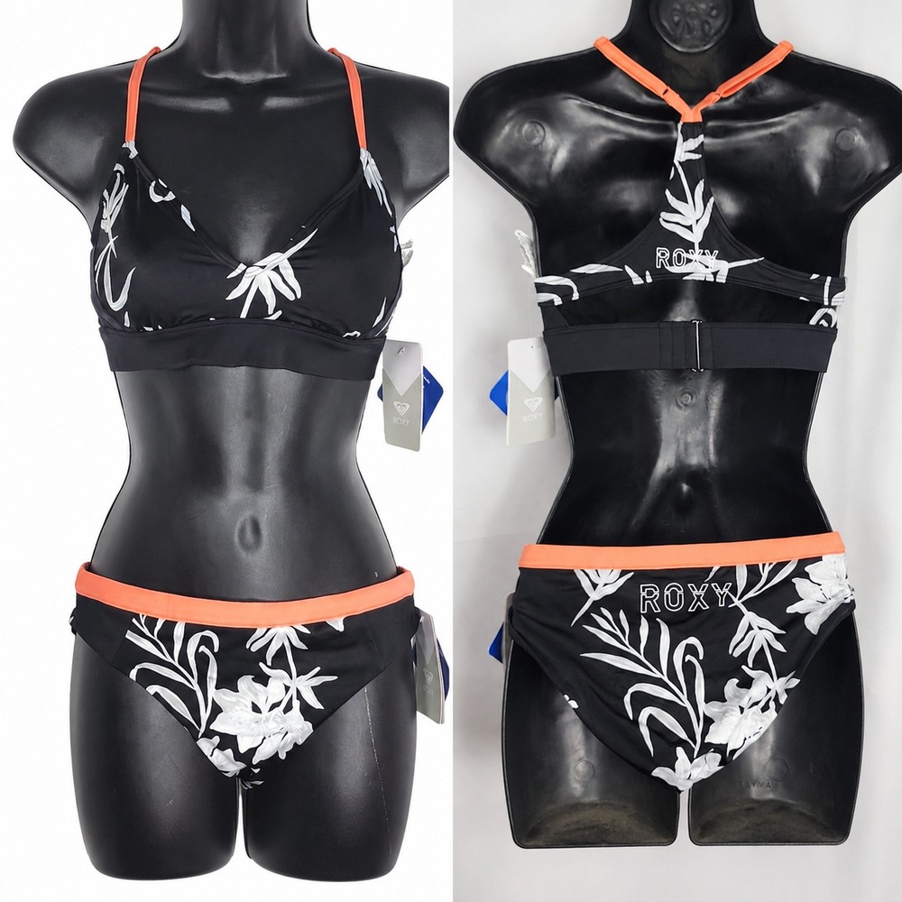 Roxy Full Fitness Bikini Set Tropical Floral Black Dark Romantic Swimsuit Small